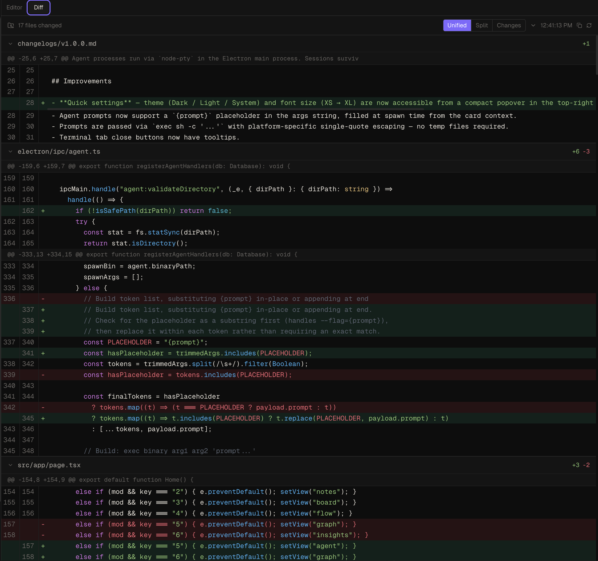 Git diff viewer showing file changes with syntax highlighting
