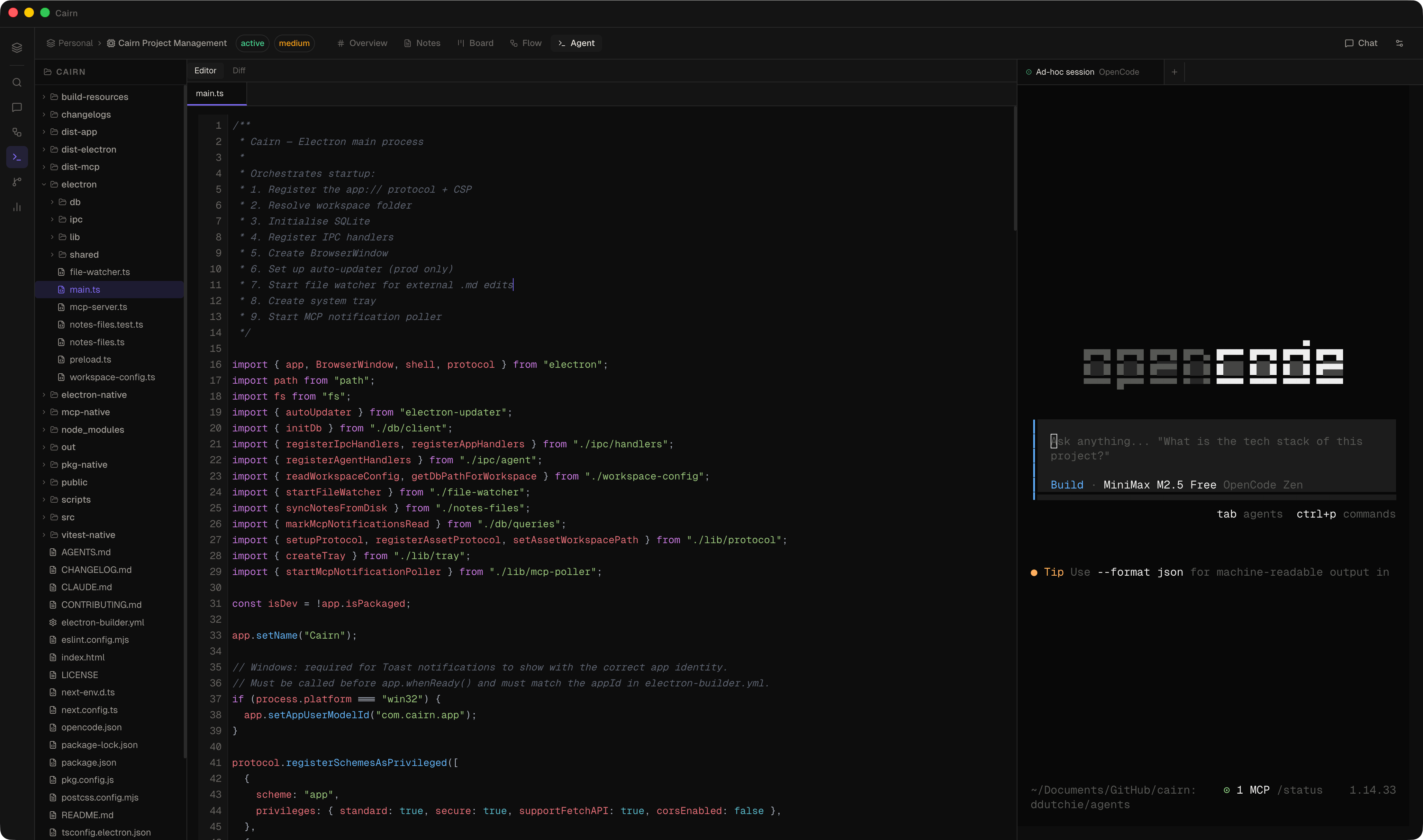 Agent workspace showing file tree, editor, and terminal panes