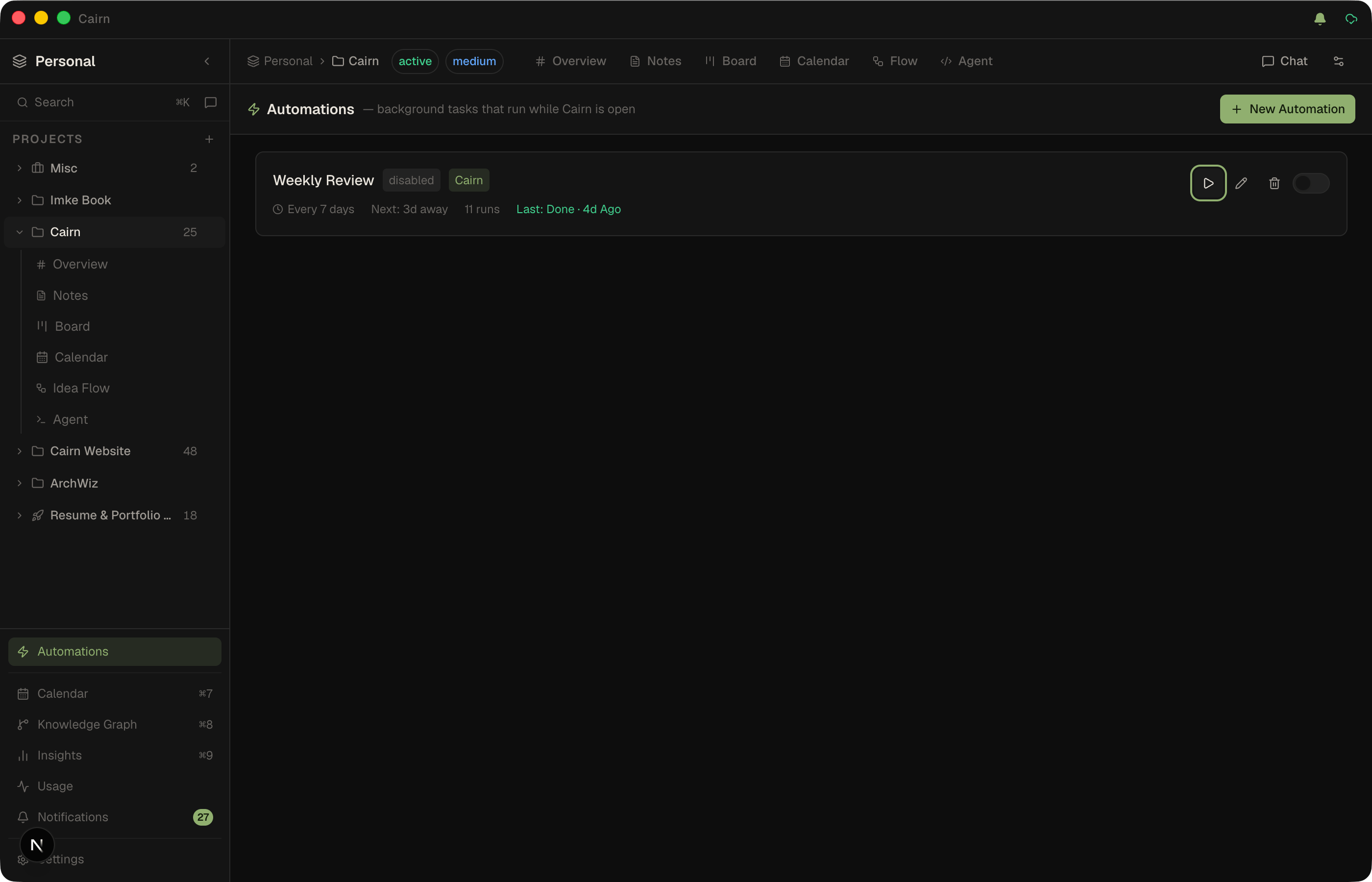 The Automations view listing scheduled automations with their schedule, latest run status, and produced notes and cards