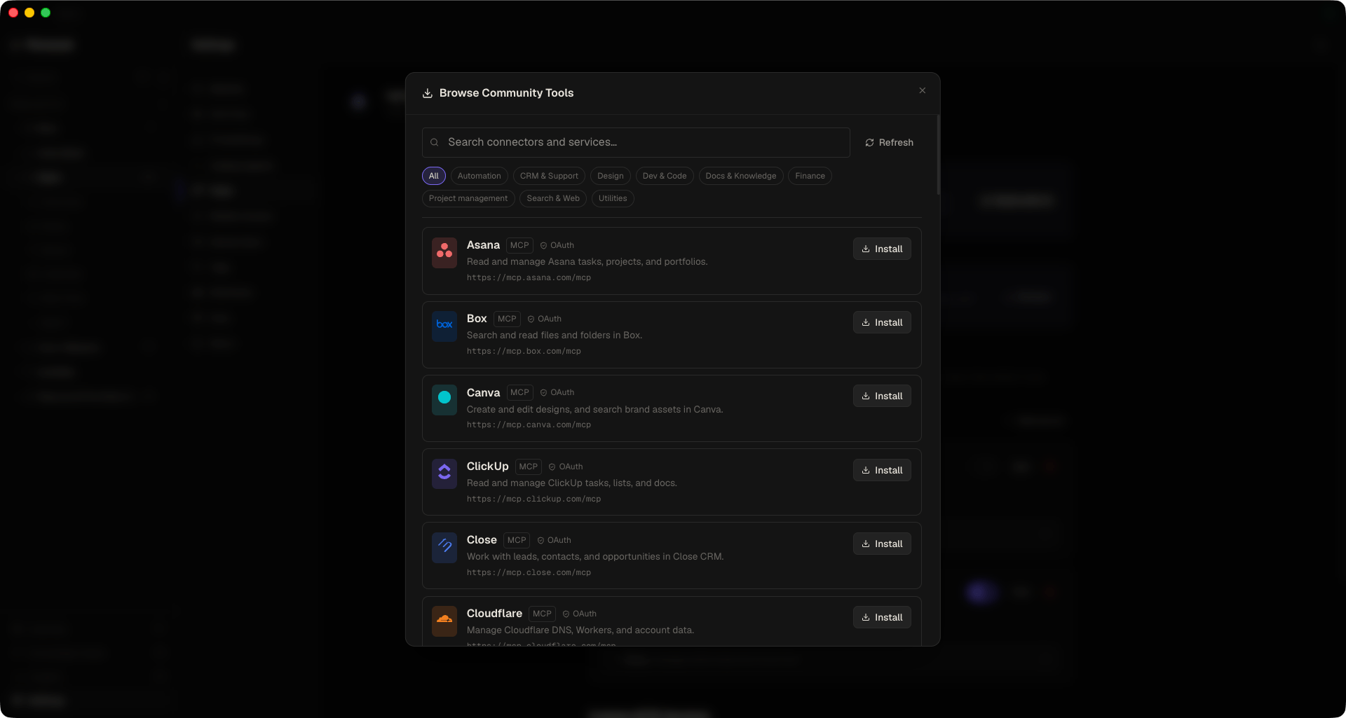 Browse community tools modal with a search box, category filter chips, and connector cards showing brand logos
