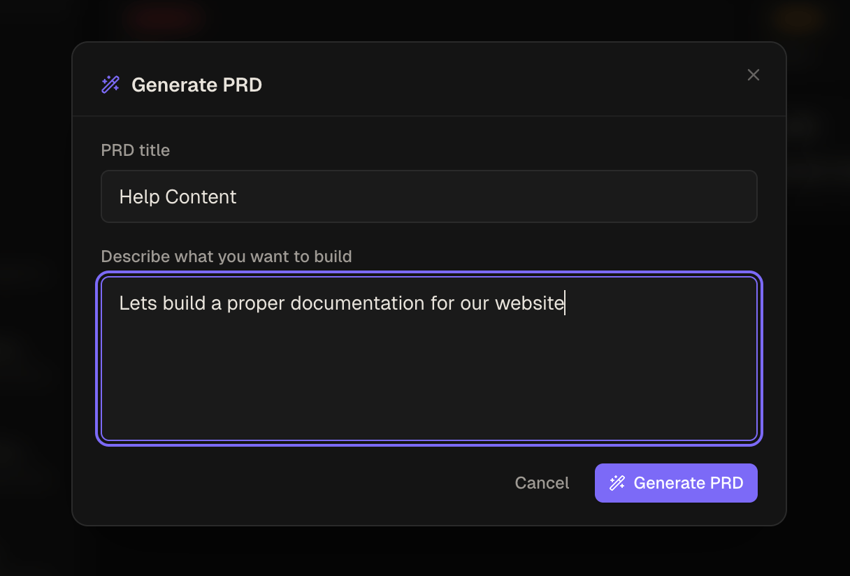 PRD Generator form with title and requirements fields