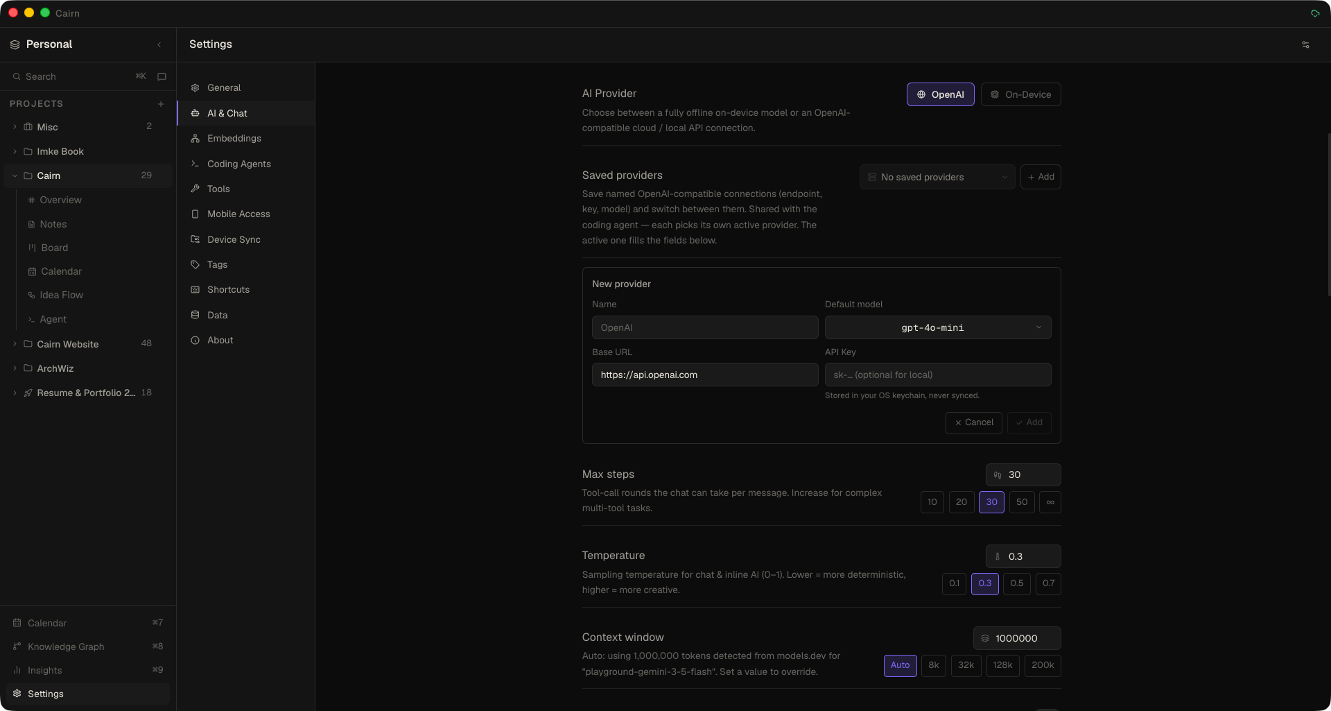 Settings AI provider switcher dropdown with a per-surface model picker beneath it