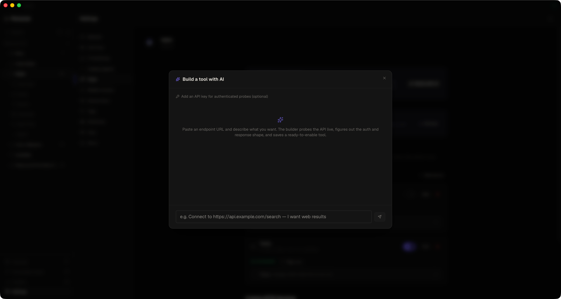 AI Tool Builder modal probing an endpoint, showing the detected authentication scheme and the suggested response keys with token savings