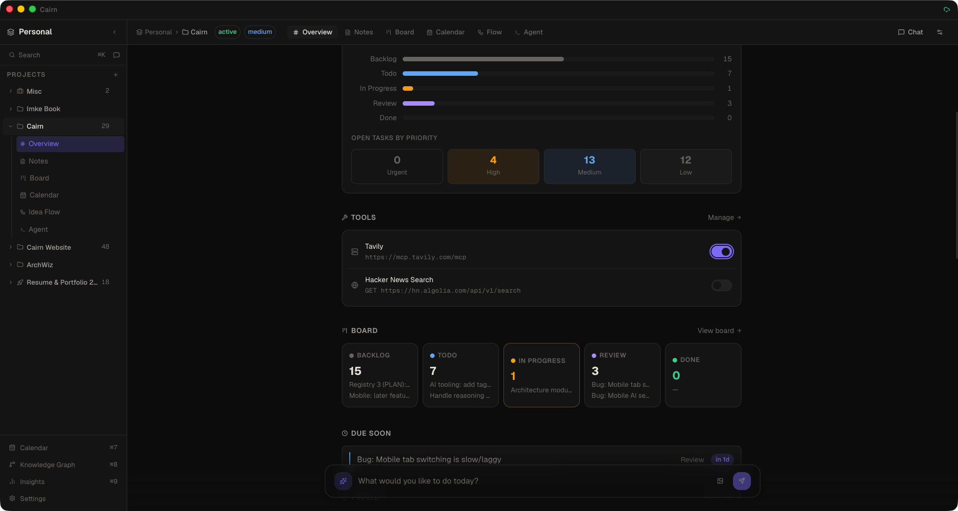 Project Overview Tools panel listing enabled workspace tools with per-project attach toggles