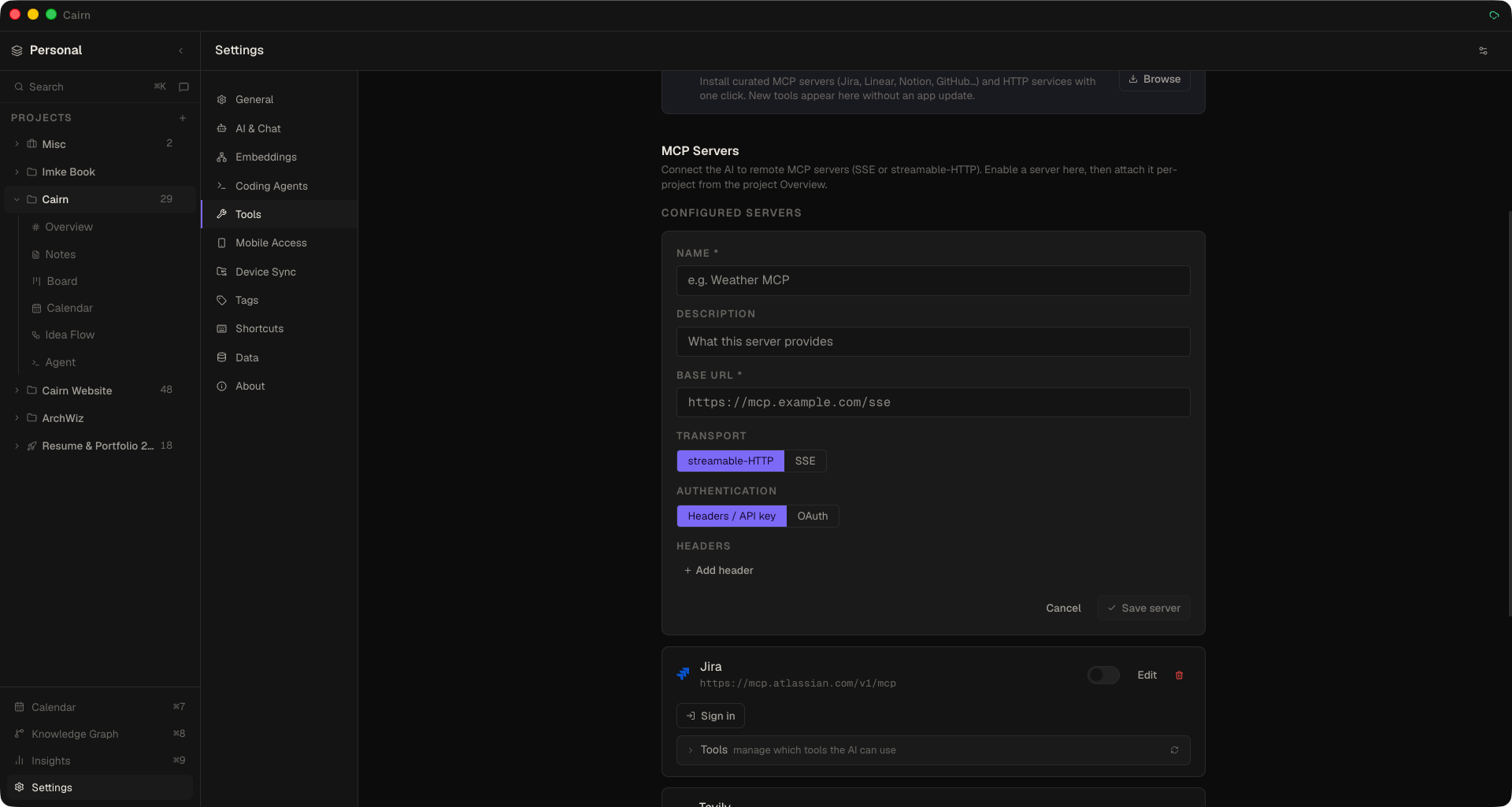 Add MCP server form showing the name and URL fields, the SSE / streamable-HTTP transport toggle, and the authentication mode selector