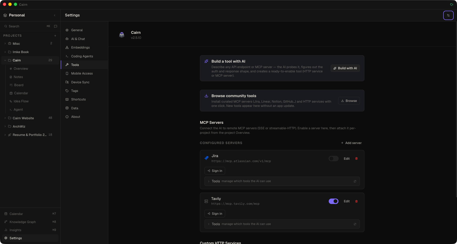 Settings → Tools showing Build with AI and Browse community banners above the MCP Servers and Custom HTTP Services groups