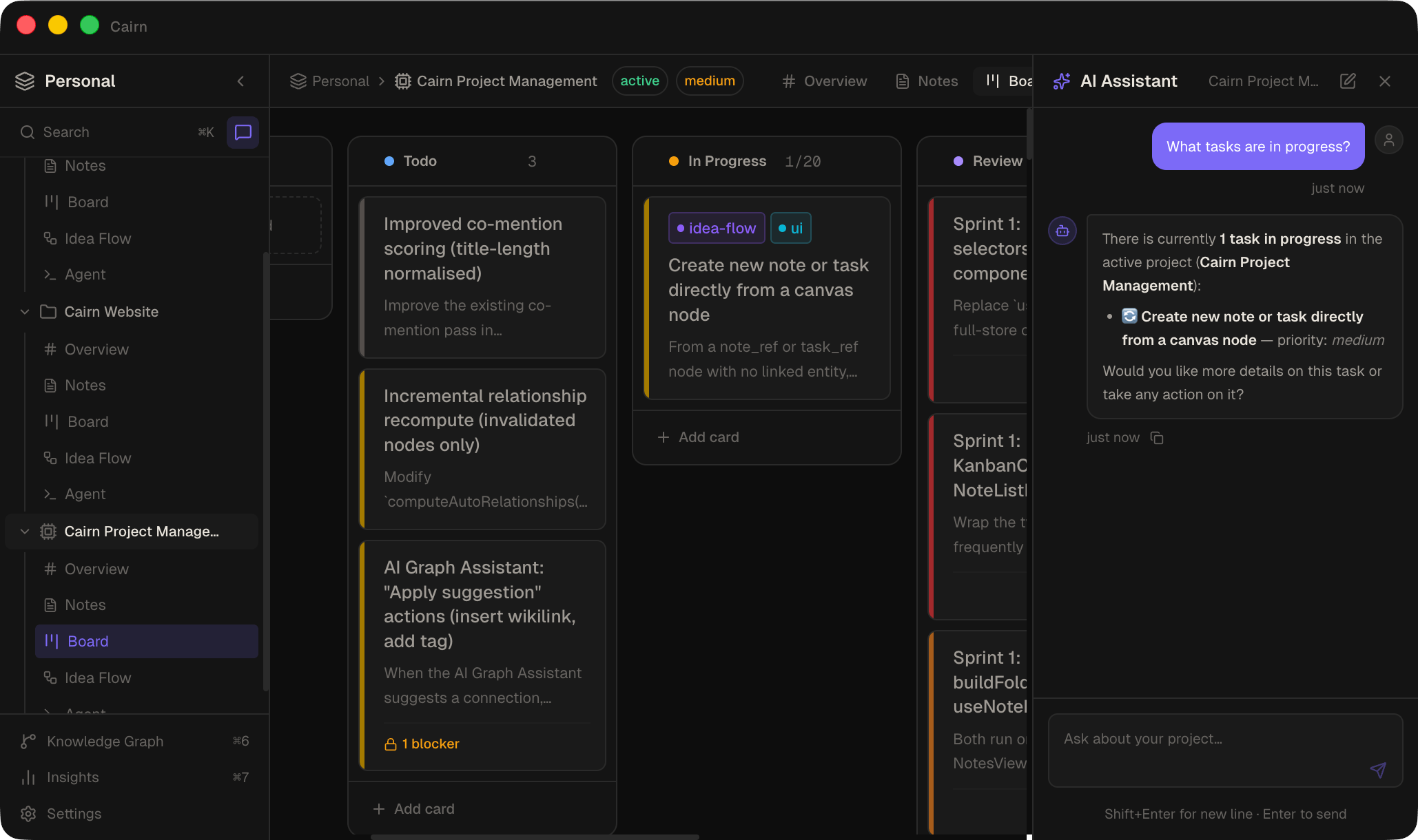 Cairn built-in agent terminal with MCP server active